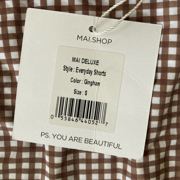 MAI Deluxe Everyday Shorts NWT Gingham Brown White Made in Bali - Picture 3 of 6